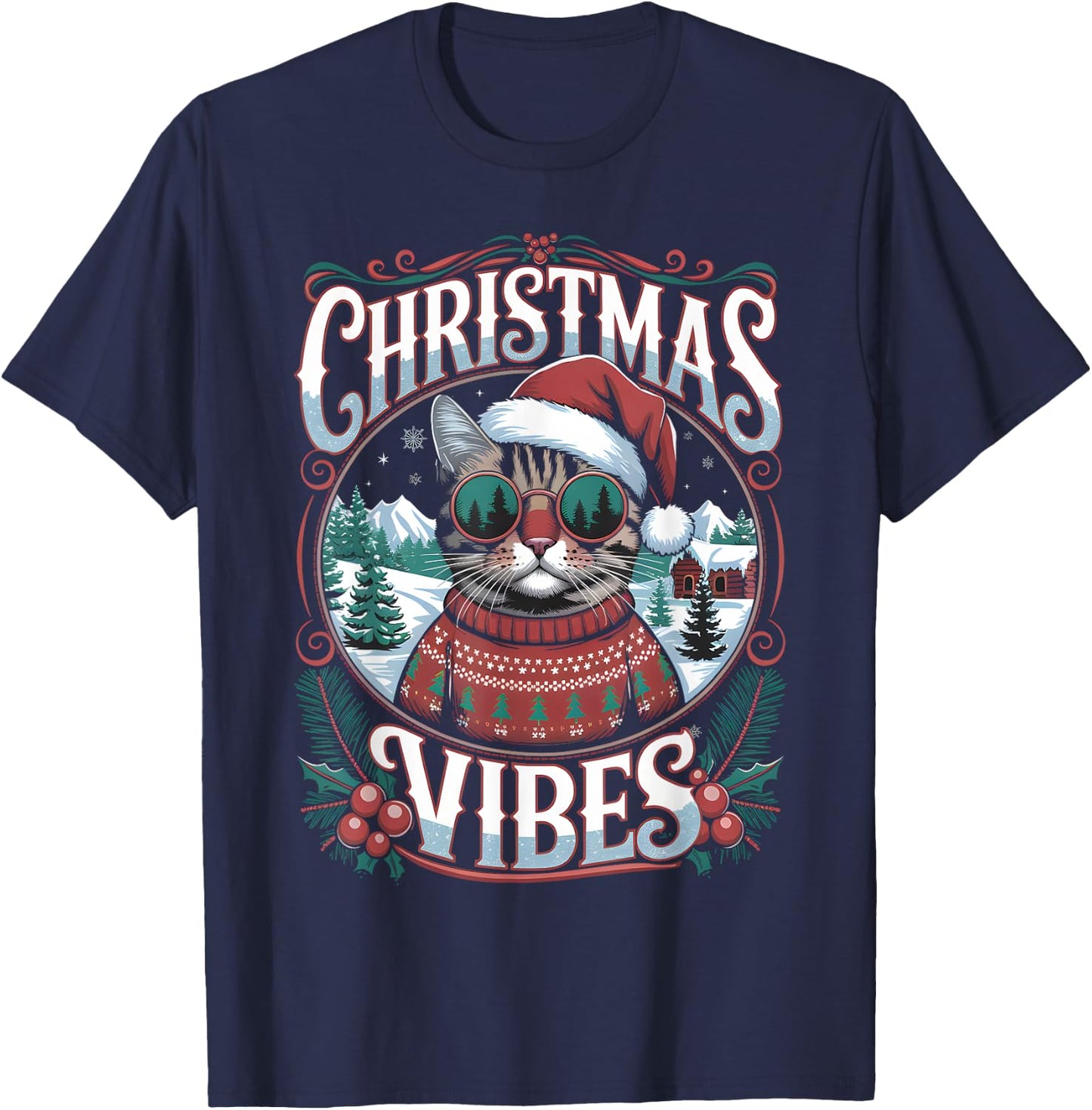 Cat Christmas Clothes Funny Christmas , Black, S T-Shirt - T-Shirt | Navy