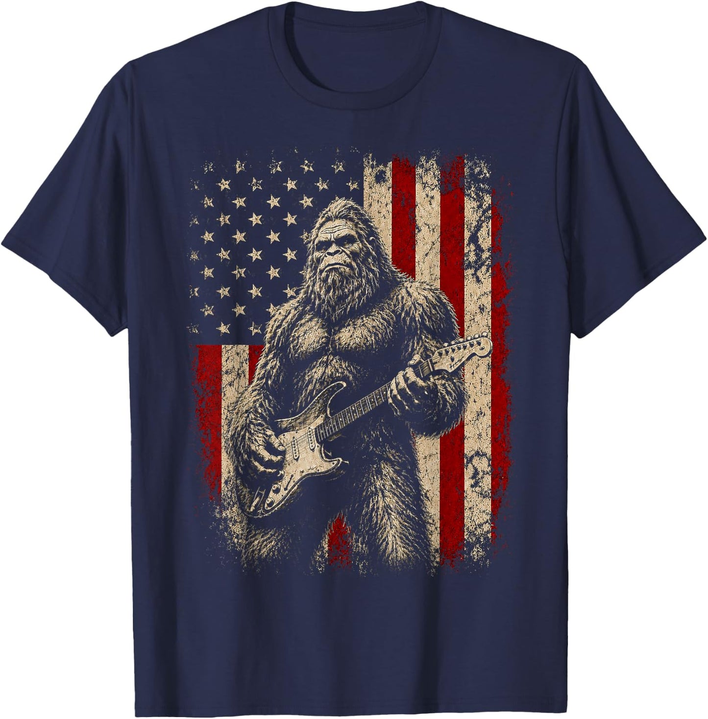 Bigfoot Sasquatch Playing Guitar 4th July American USA Flag T-Shirt - T-Shirt | Navy
