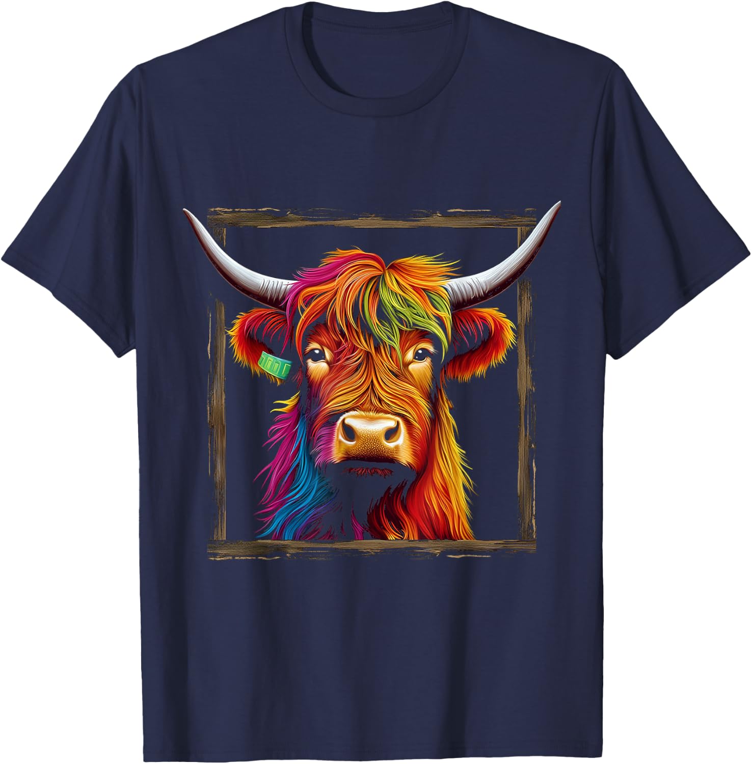 Highland Cow Colorful Art Animal Graphic Highland Cow T-Shirt - T-Shirt | Navy