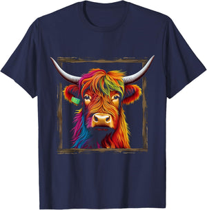 Highland Cow Colorful Art Animal Graphic Highland Cow T-Shirt - T-Shirt | Navy