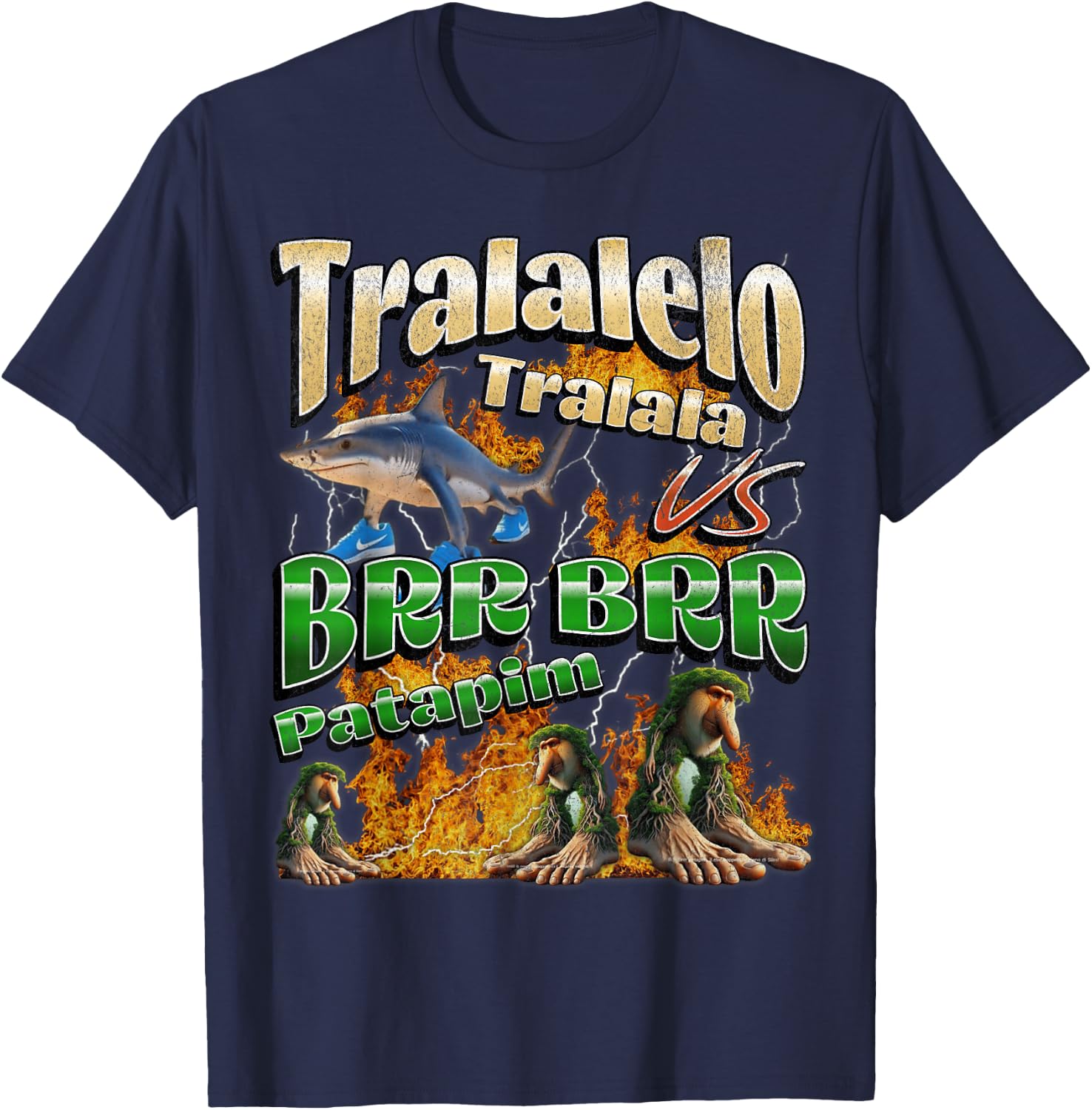 Tralalelo VS Brr Patapim Funny Italian Brainrot Meme Graphic T-Shirt - T-Shirt | Navy
