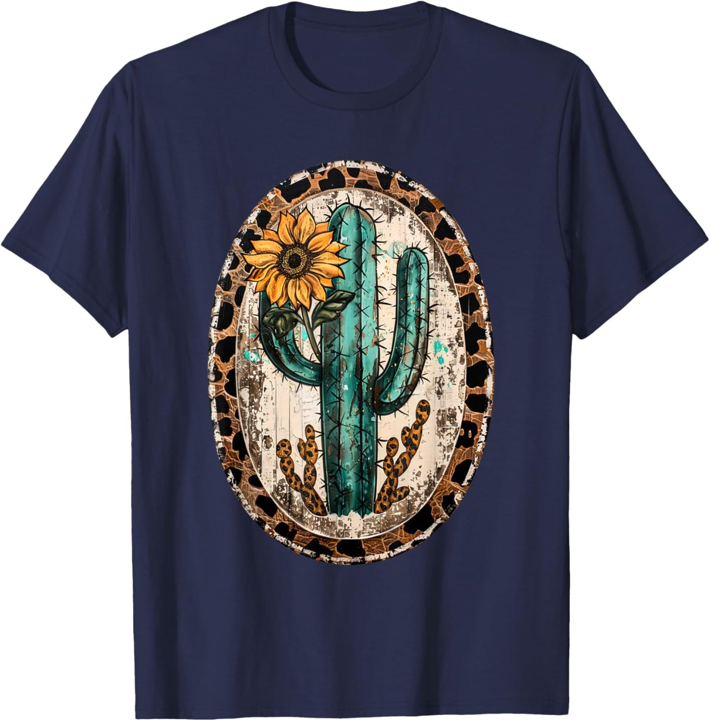 Vintage Western Turquoise Teal Cactus Sunflower Leopard T-Shirt - T-Shirt | Navy