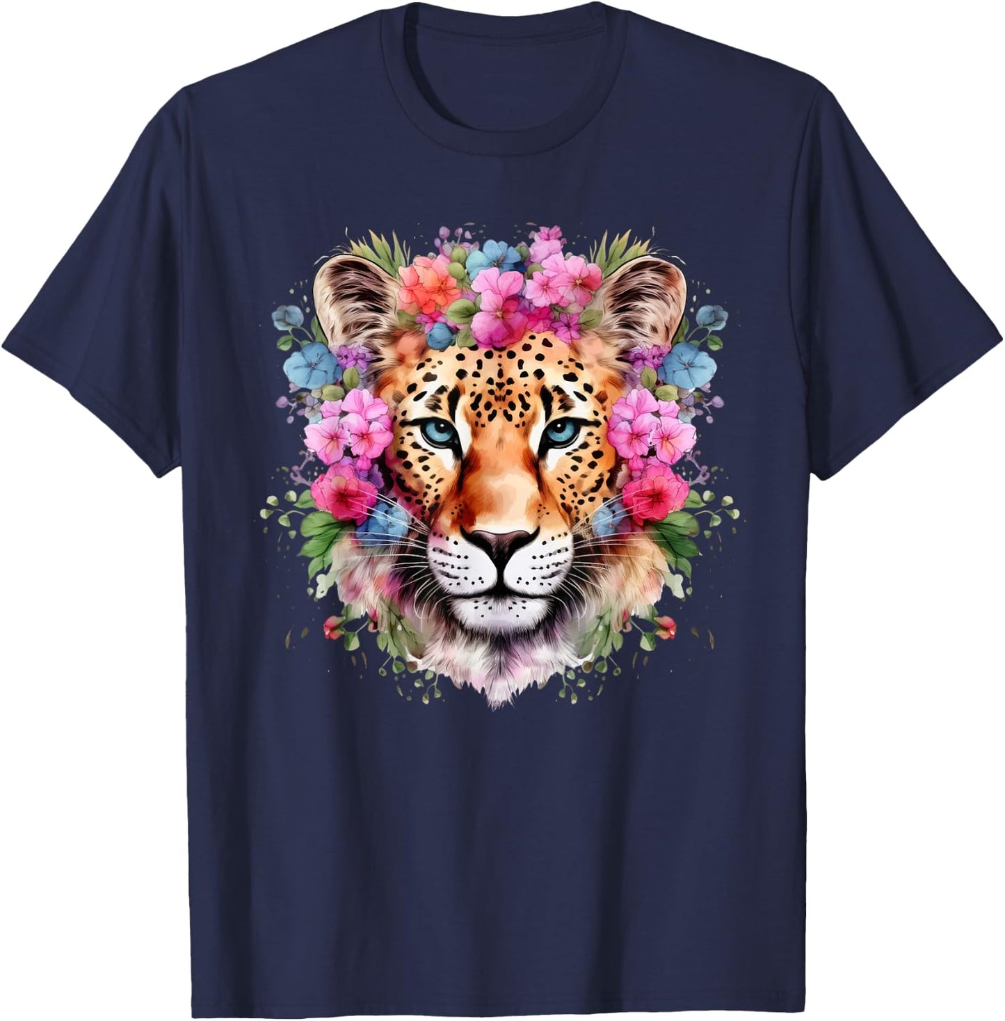 Leopard with Flowers Colorful Floral Leopards Animal Lovers T-Shirt - T-Shirt | Navy