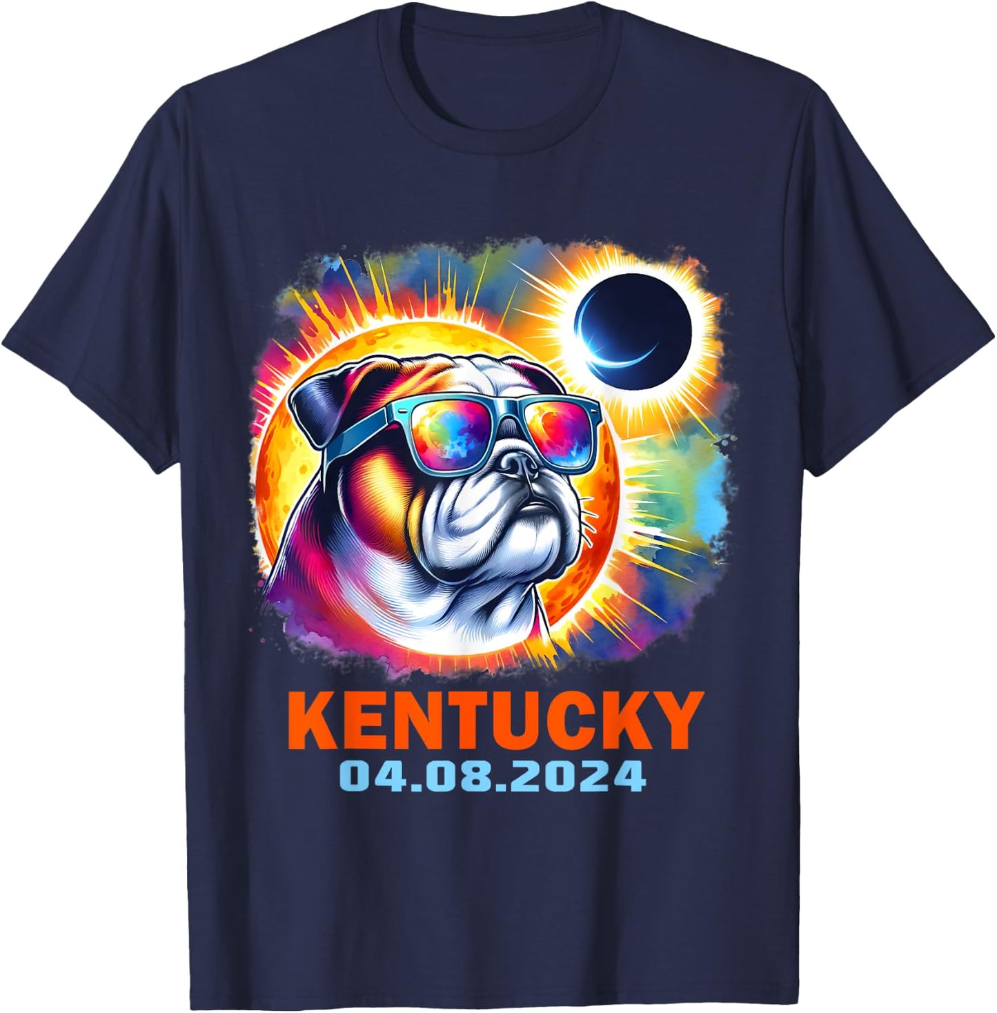 Colorful Bulldog Total Solar Eclipse 2024 Kentucky Men Women Kids T-Shirt - T-Shirt | Navy