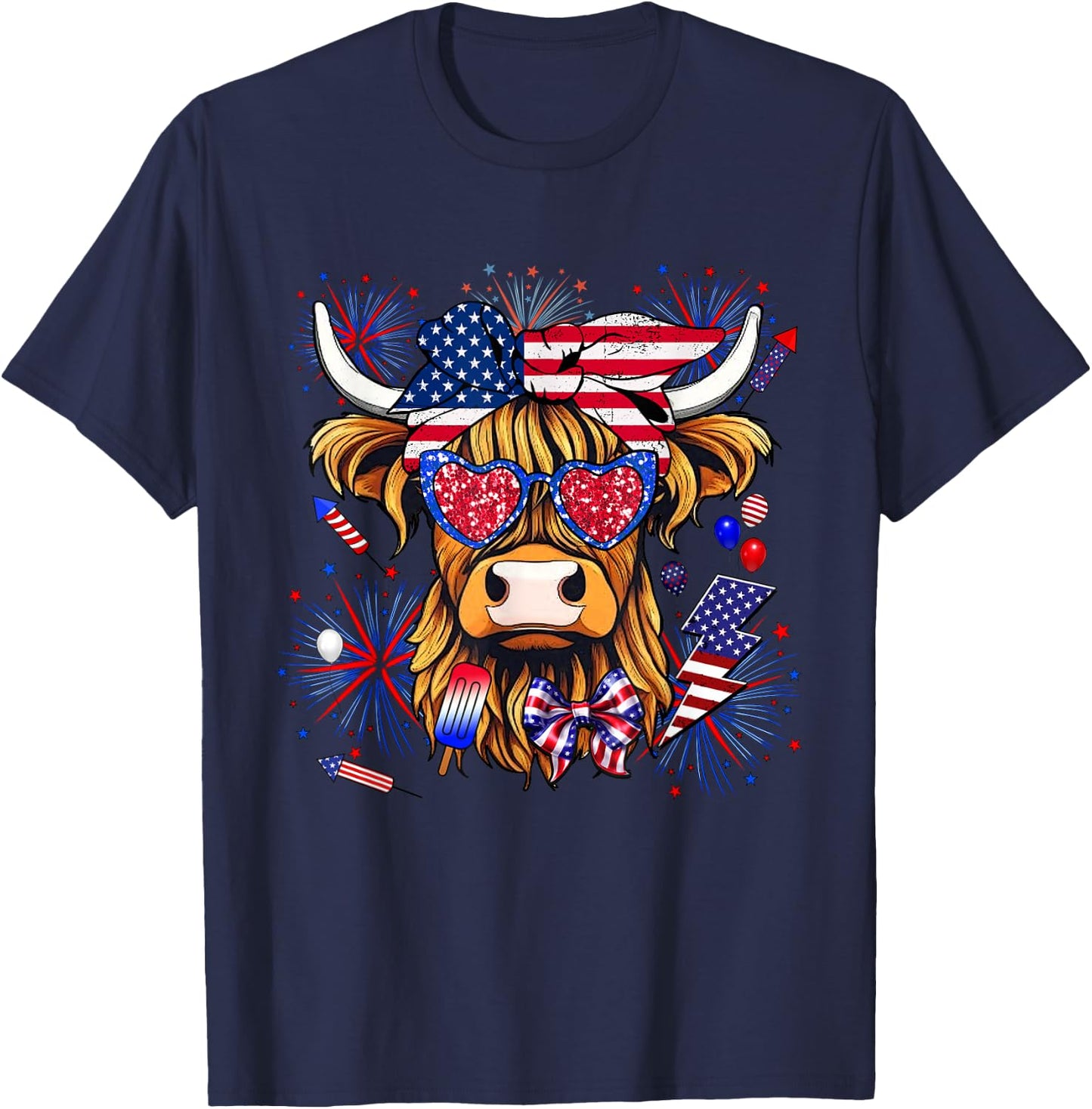 Cow, Scottish Highland Cow, Highland Cow, 4th of July T-Shirt - T-Shirt | Navy