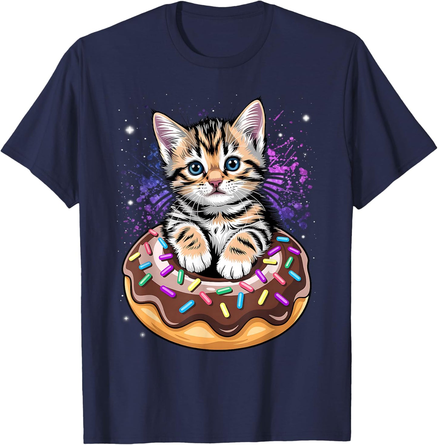 Space Donut Cat | Flying Kitty Galaxy T-Shirt - T-Shirt | Navy