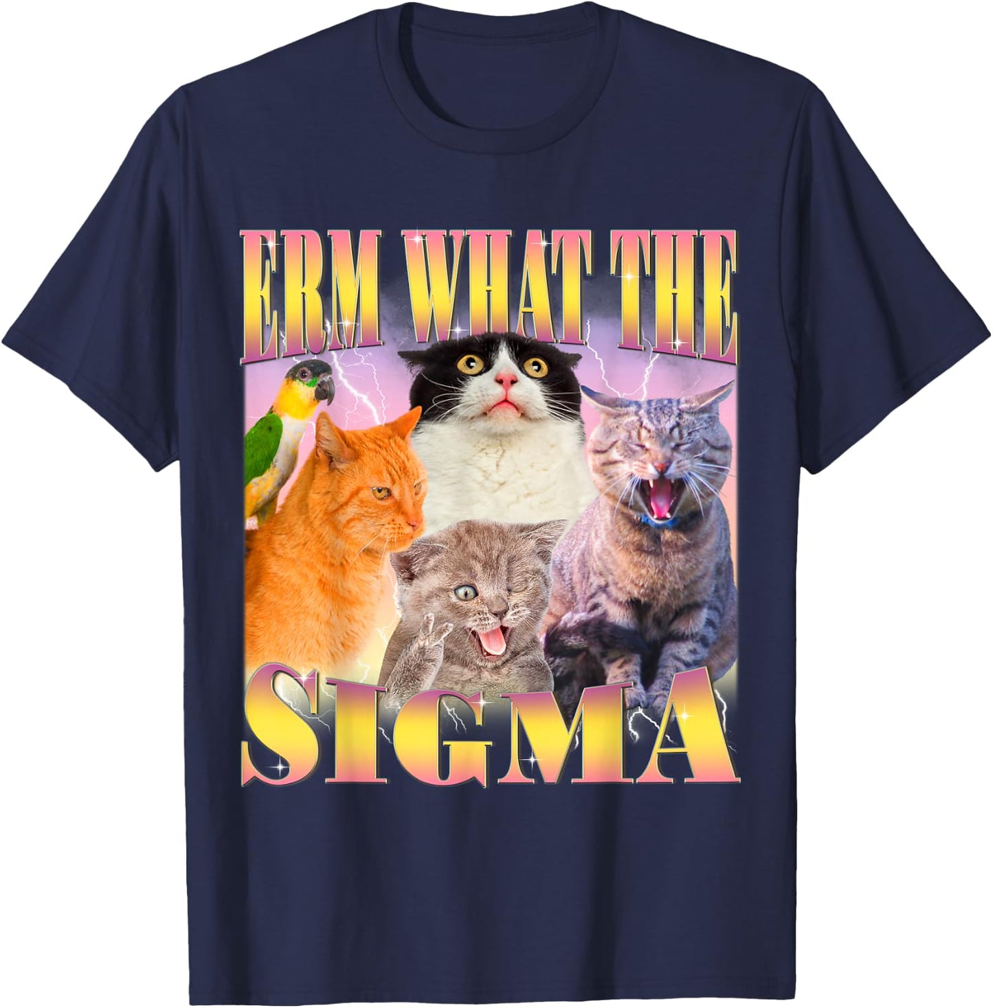 Cat Erm, What The Sigma? Funny Meme Ironic Humour Specific , Black, S T-Shirt - T-Shirt | Navy