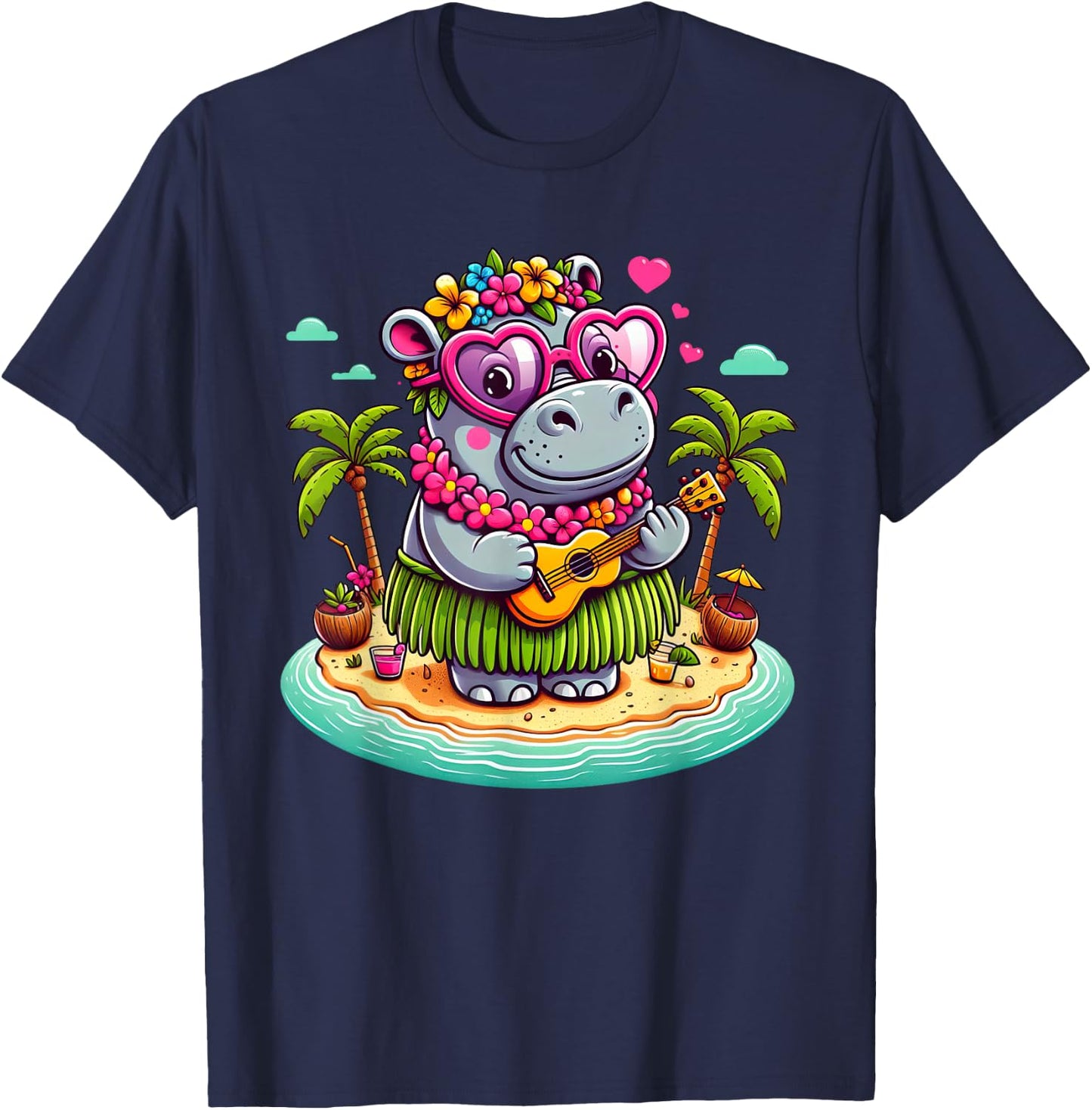 Funny Hippo Hawaiian Costume Kids Summer Vacation Hippo T-Shirt - T-Shirt | Navy
