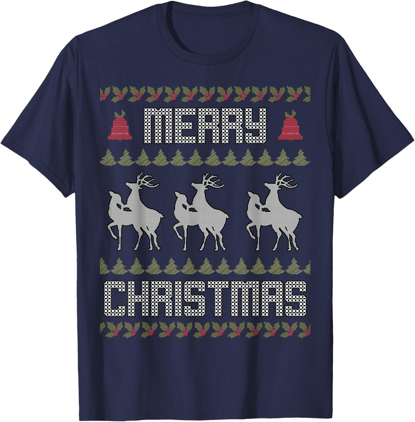Merry Christmas Deers Humping Funny Holiday Reindeer T-Shirt - T-Shirt | Navy