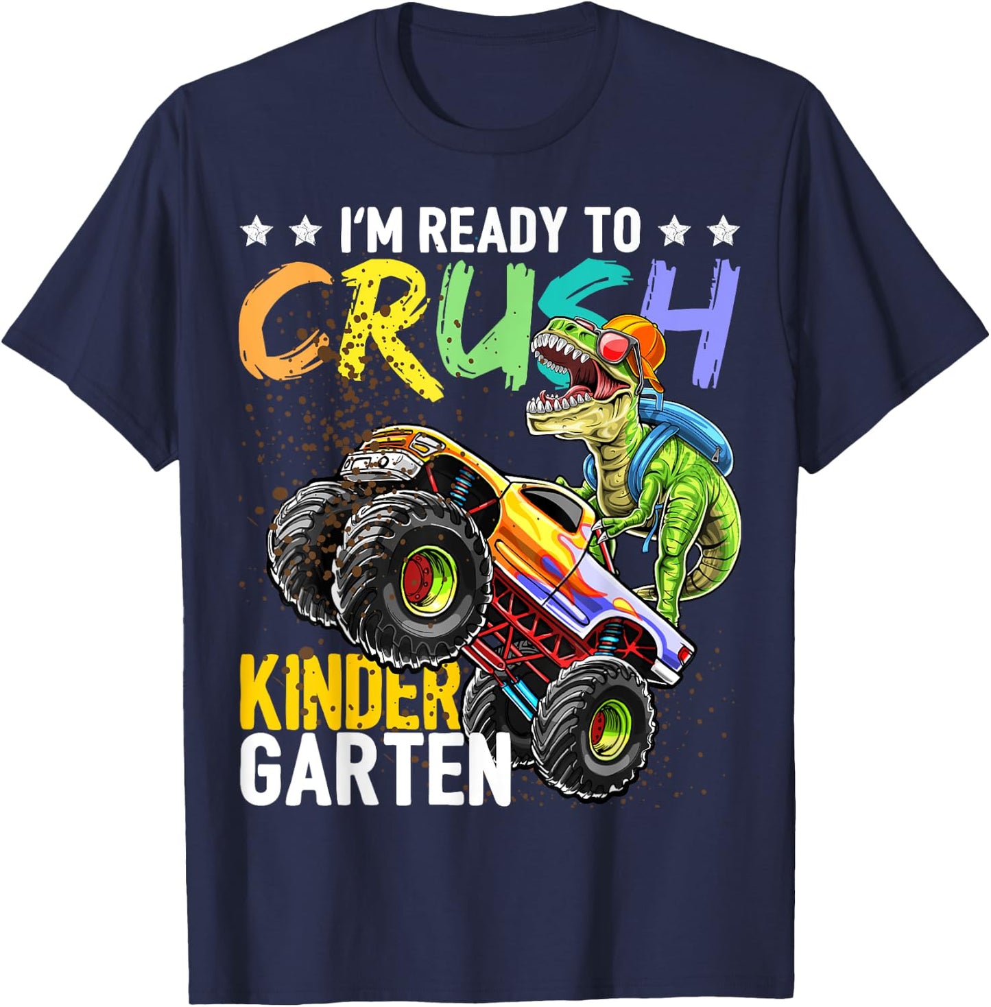 Kindergarten Dinosaur Monster Truck Back to School Boys Gift T-Shirt - T-Shirt | Navy