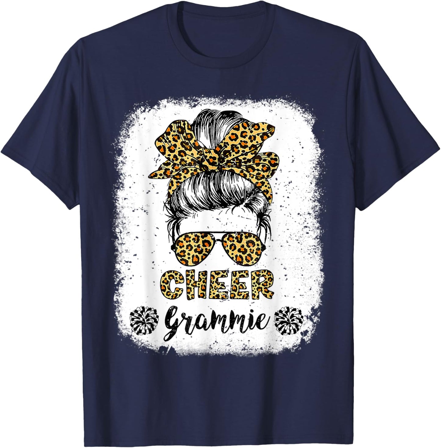 Cheer Grammie Leopard Messy Bun Cheerleader Bleached T-Shirt - T-Shirt | Navy