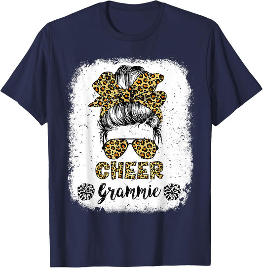 Cheer Grammie Leopard Messy Bun Cheerleader Bleached T-Shirt - T-Shirt | Navy