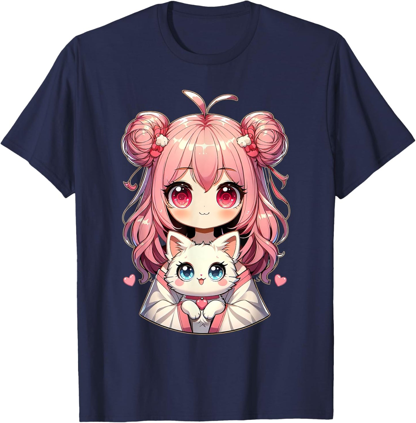 Anime Cute Cat Lovers Kawaii Manga Otaku Anime Girl Pink , Black, S T-Shirt - T-Shirt | Navy