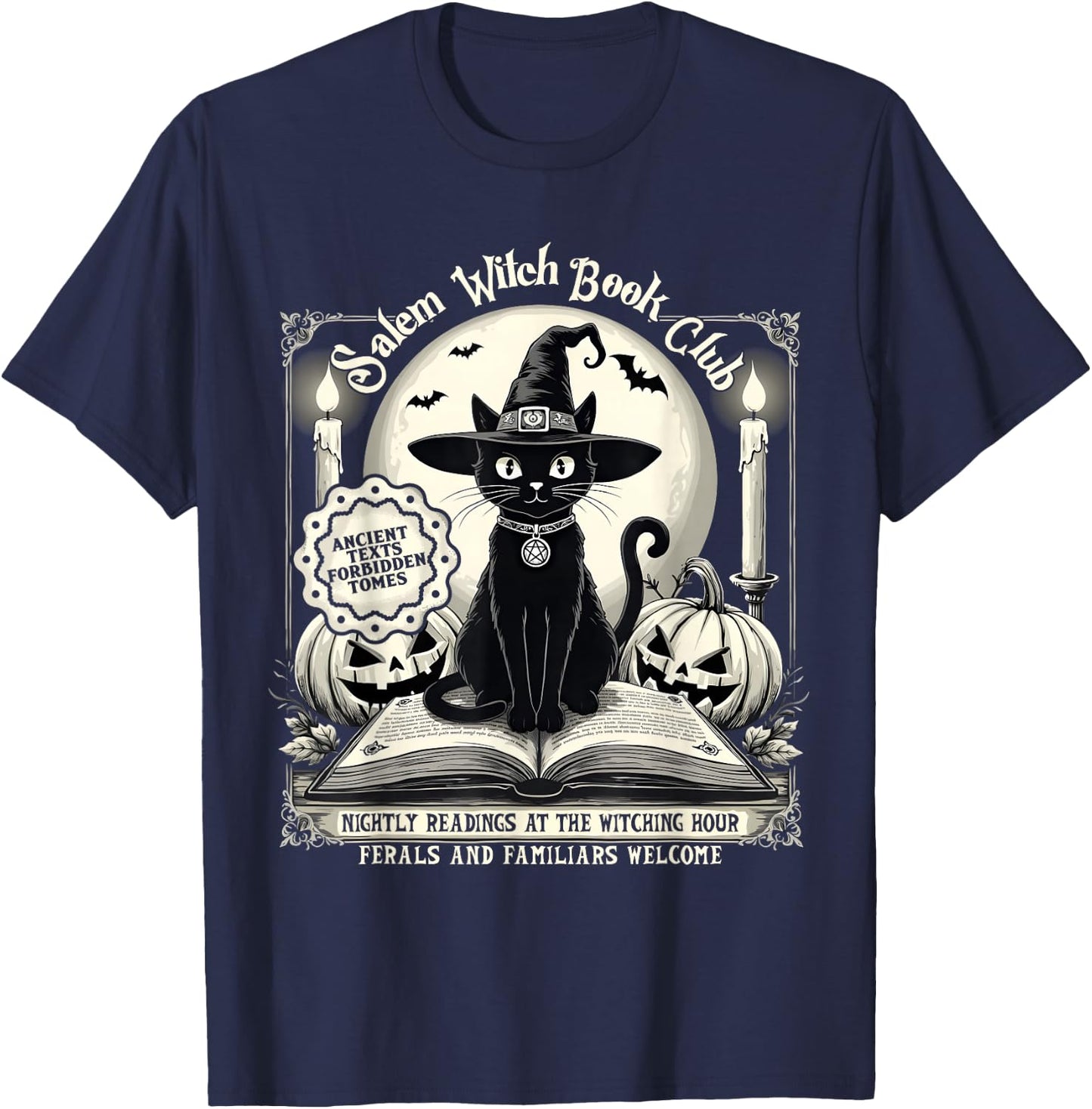 Salem Witch Book Club Vintage Halloween Cat Noir Book Lover T-Shirt - T-Shirt | Navy