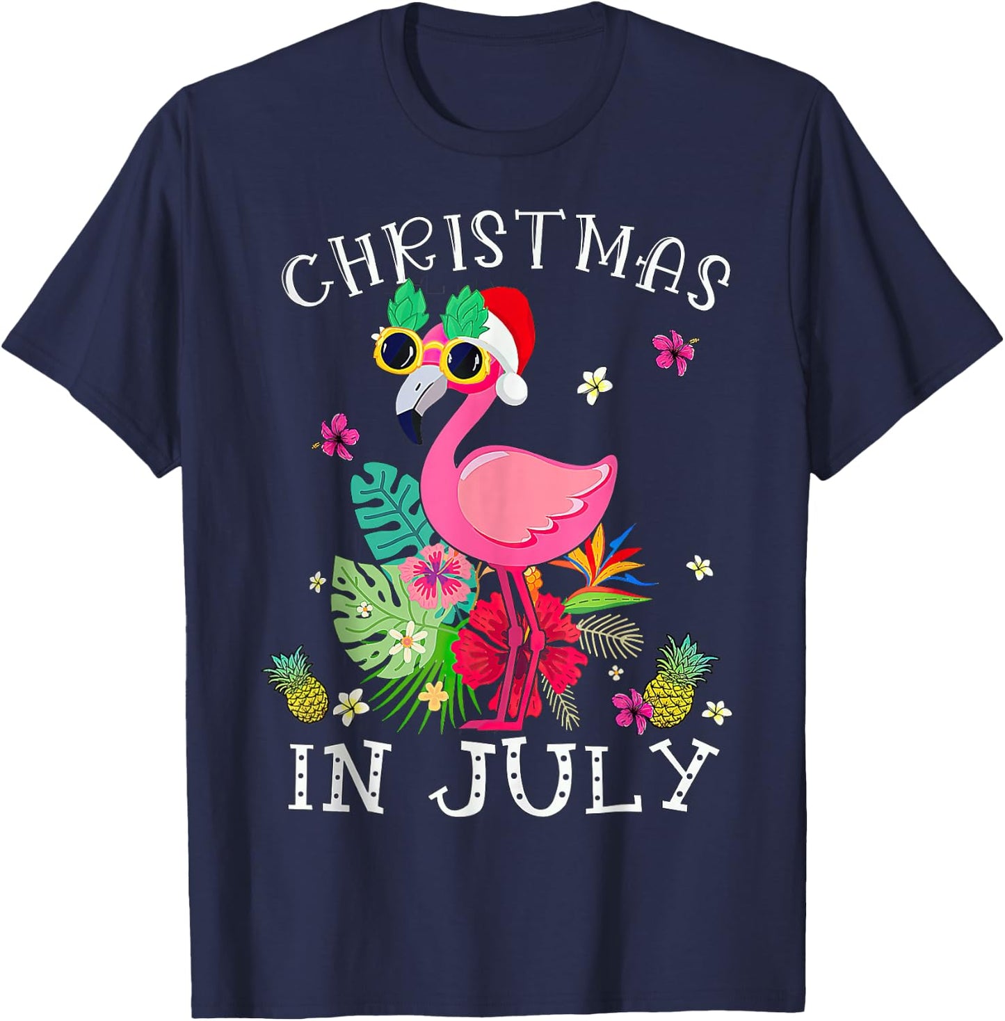 Christmas in July Pink Flamingo Hawaii T-Shirt - T-Shirt | Navy
