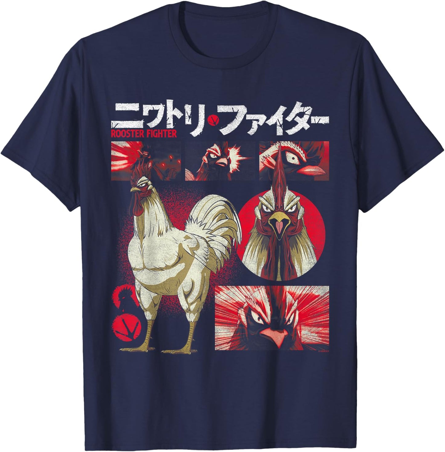 Rooster Fighter Keiji Collage Red Tone Action Anime T-Shirt - T-Shirt | Navy