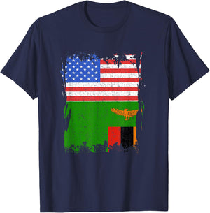 Zambia Flag USA America Vintage Zambian Roots Zambian Pride T-Shirt - T-Shirt | Navy