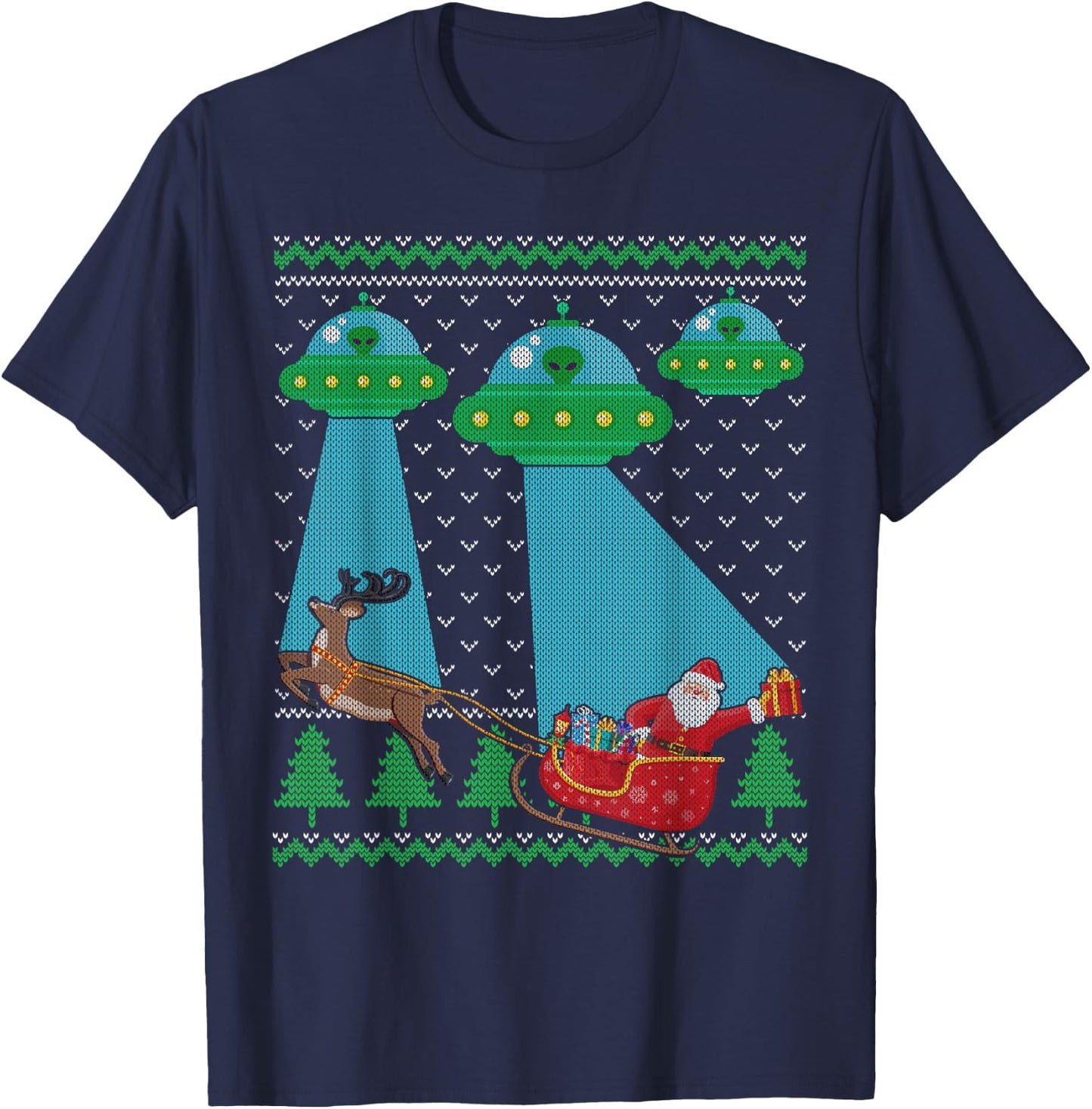 Funny Alien UFO Santa Sleigh Ugly Christmas Sweater Xmas PJS T-Shirt - T-Shirt | Navy