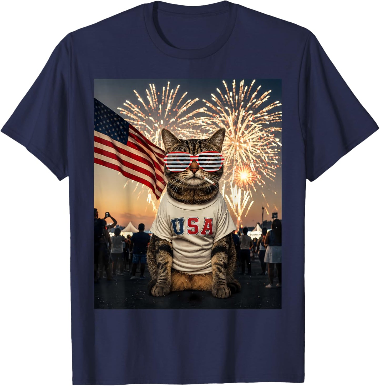 4th July Patriotic Cat Smoking Fireworks 250 Years Cat Lover T-Shirt - T-Shirt | Navy