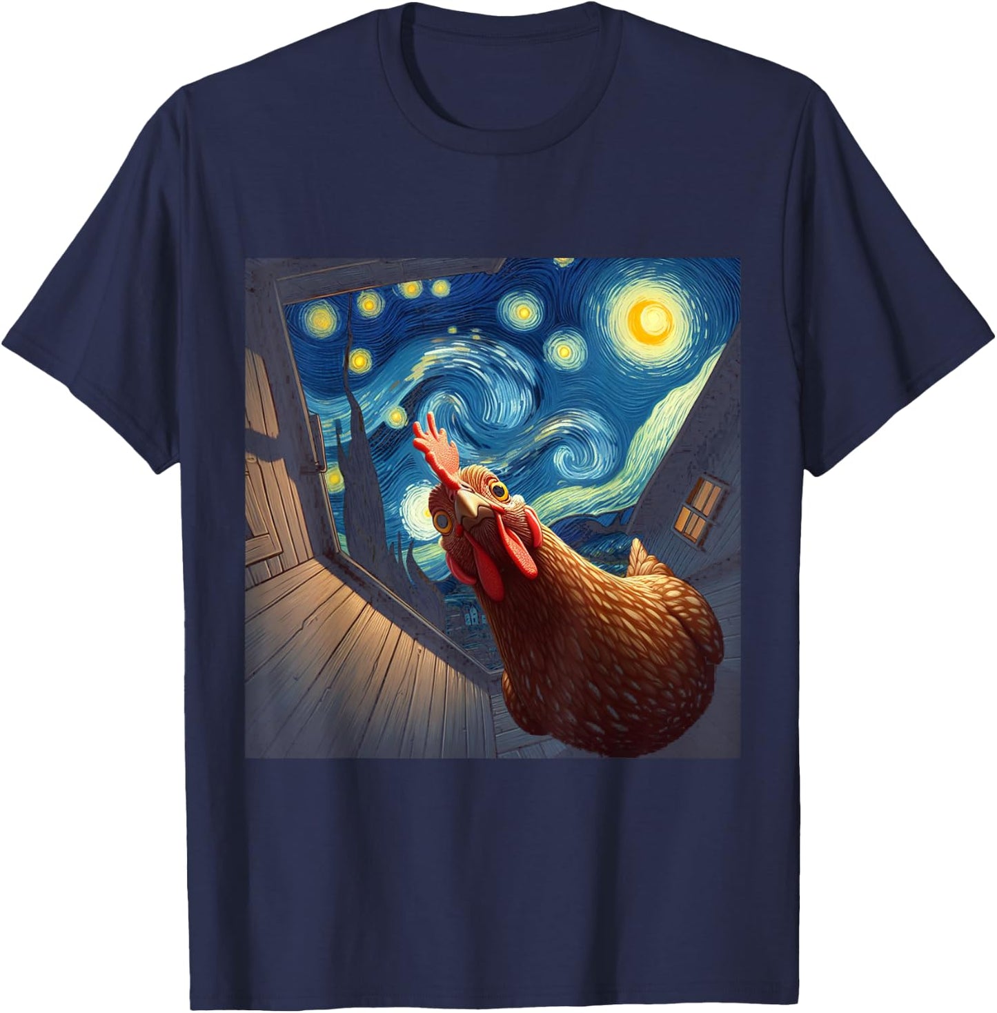 Van Gogh Funny Chicken Starry Night Art T-Shirt - T-Shirt | Navy