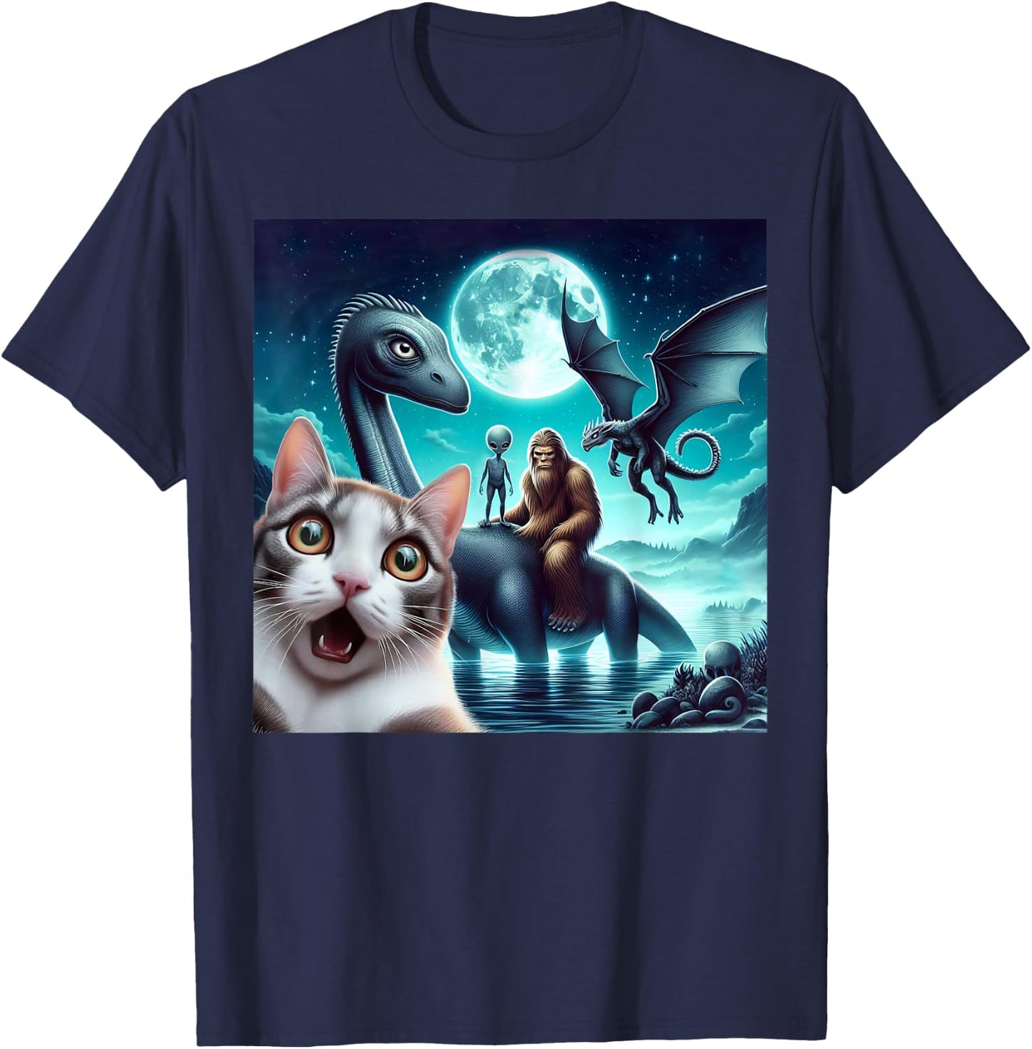 Cat Selfie with bigfoot alien UFO loch Ness monster dragon T-Shirt - T-Shirt | Navy