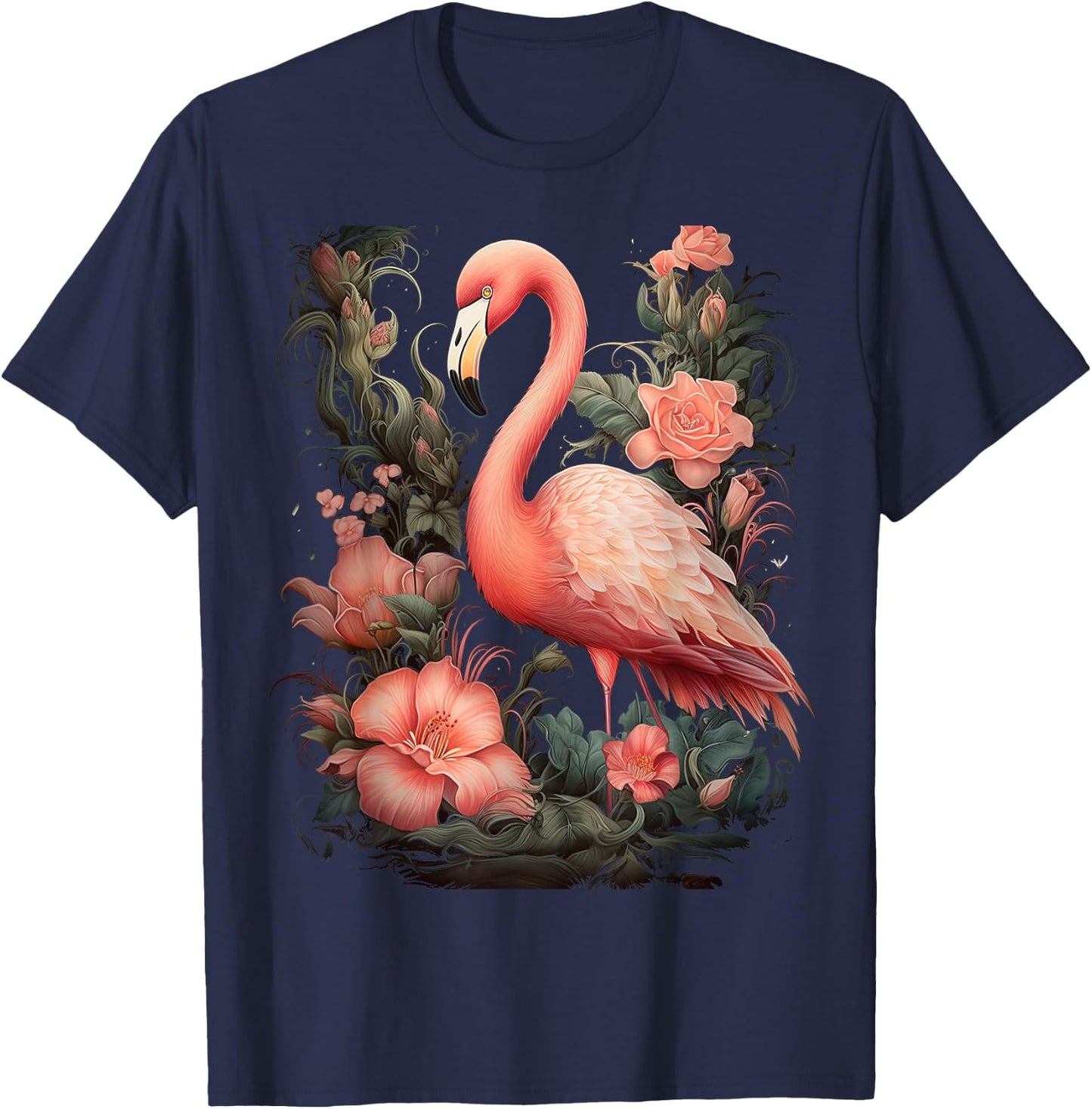 Flamingo and Flowers Floral Flamingos pink T-Shirt - T-Shirt | Navy