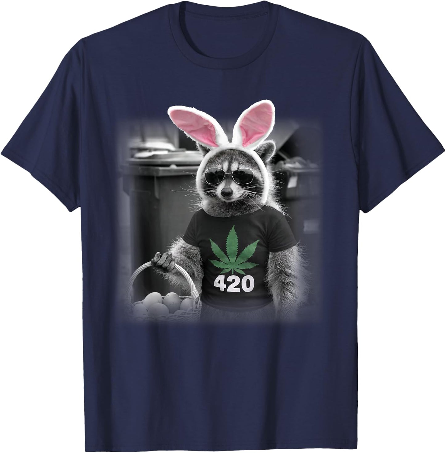 Happy 420 Easter Raccoon Bunny Marijuana Weed Cannabis T-Shirt - T-Shirt | Navy