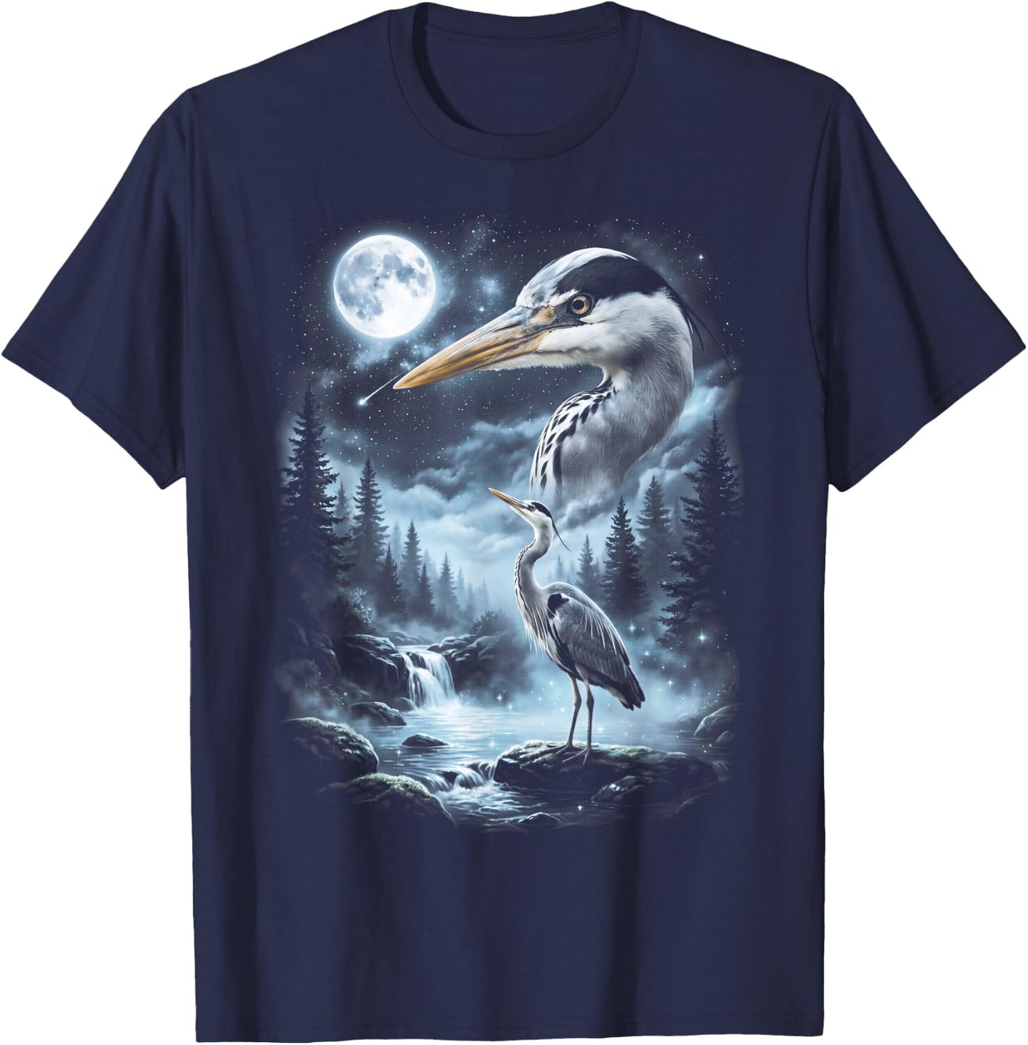 Blue Heron Howling at Moon 90's Retro Bird T-Shirt - T-Shirt | Navy