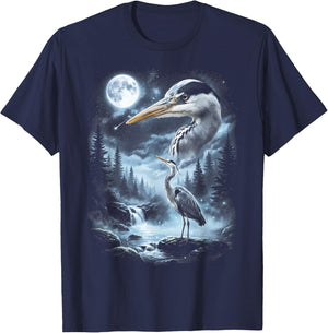 Blue Heron Howling at Moon 90's Retro Bird T-Shirt - T-Shirt | Navy