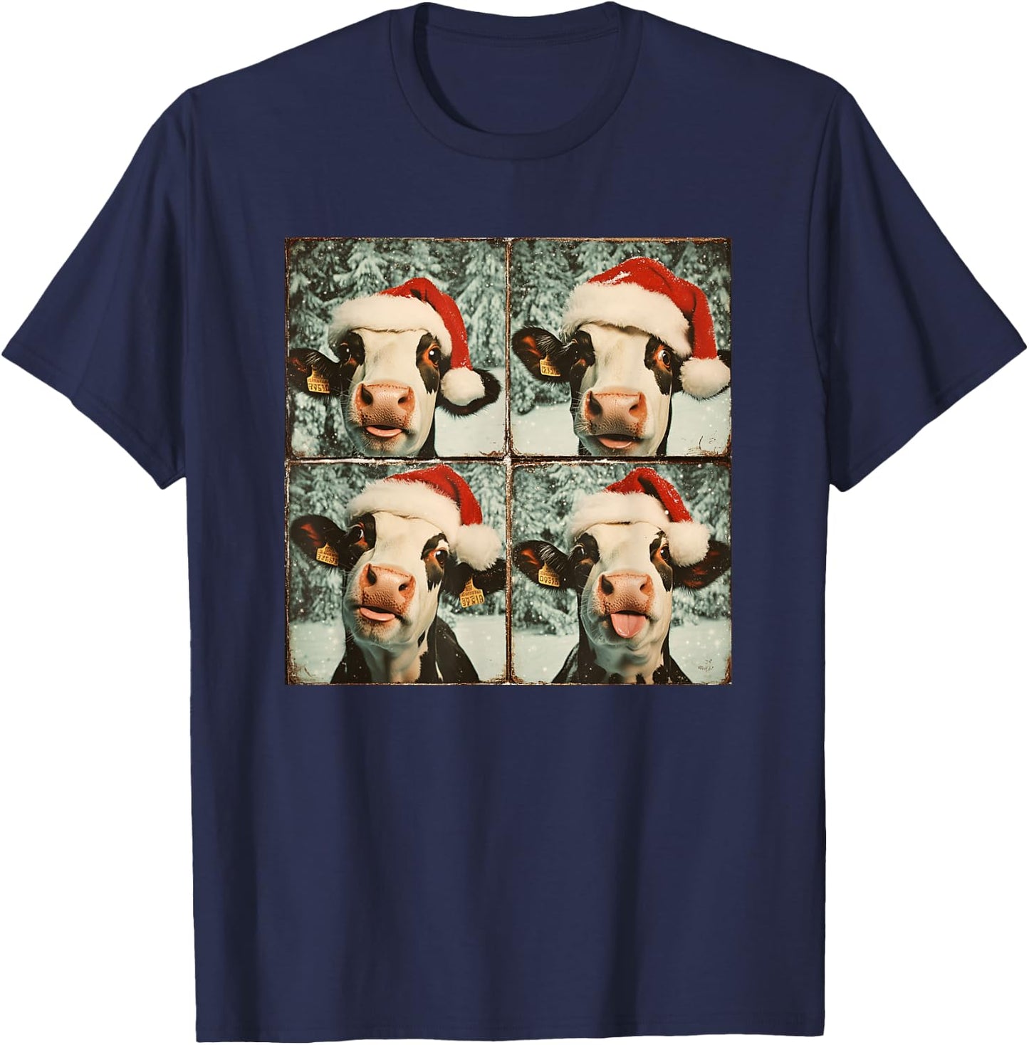Love Cows Xmas Cow Lover Black Small Winter Graphic Animal Cartoon Short Sleeve Festive Unique Festive Graphic Design with Cow in Santa Hat T-Shirt - T-Shirt | Navy