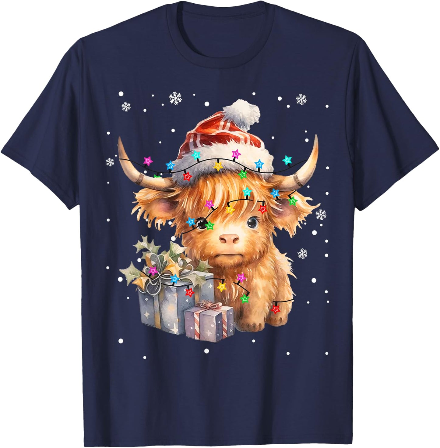 Cute Highland Cow Christmas Lights Merry Xmas Cows Farmer PJ T-Shirt - T-Shirt | Navy