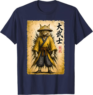 Retro Maine Coon Cat Samurai Warrior Japanese Sumi-e Art T-Shirt - T-Shirt | Navy