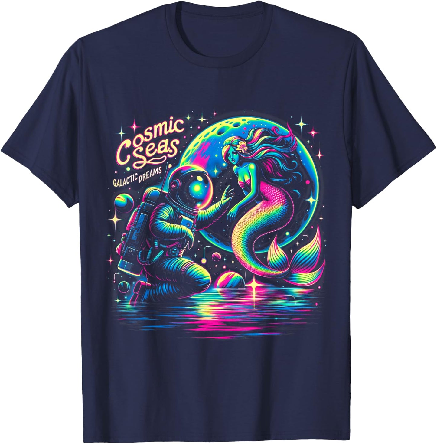 Cosmic Encounter - Astronaut Meets Space Mermaid Psychedelic T-Shirt - T-Shirt | Navy