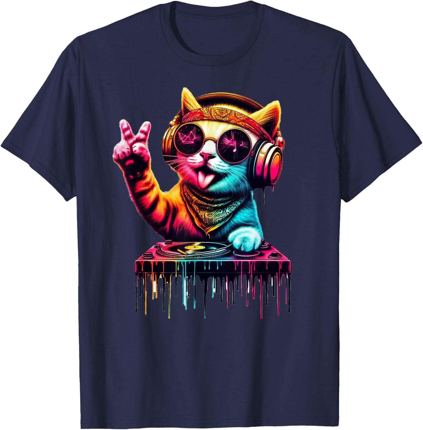 Bunte Katze DJ T-Shirt - T-Shirt | Navy