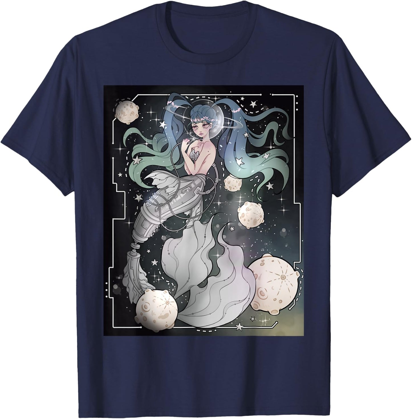 Steampunk Cyberpunk Graphic Mermaid in Space T-Shirt - T-Shirt | Navy