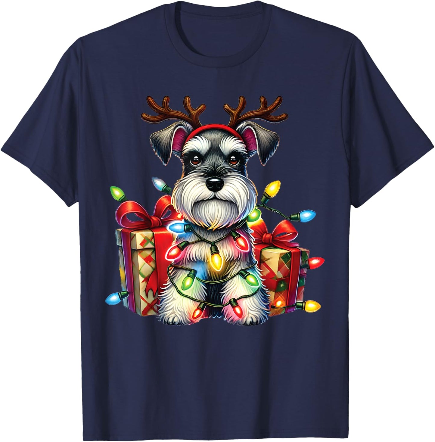 Miniature Schnauzer Dog Lovers Reindeer Christmas Lights T-Shirt - T-Shirt | Navy
