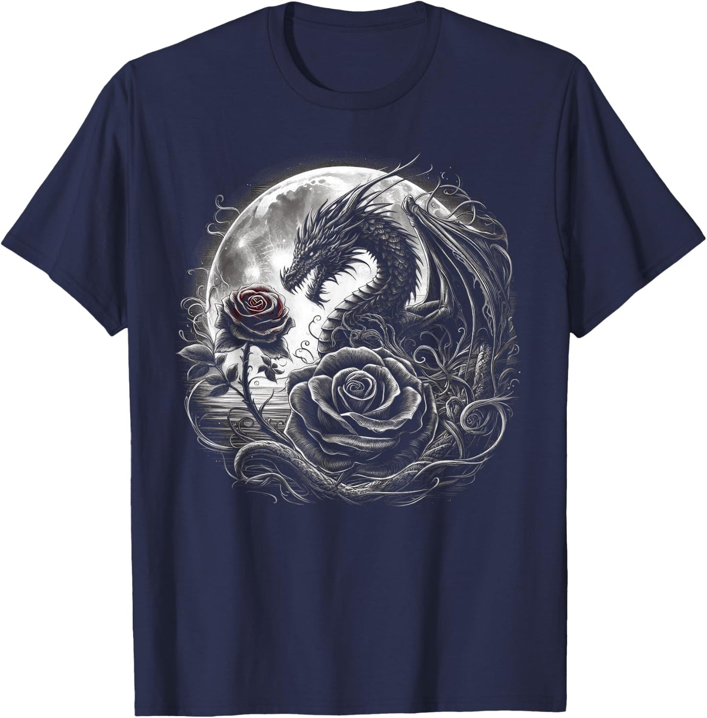 Dragon With Roses And Full Moon Dark Art T-Shirt - T-Shirt | Navy