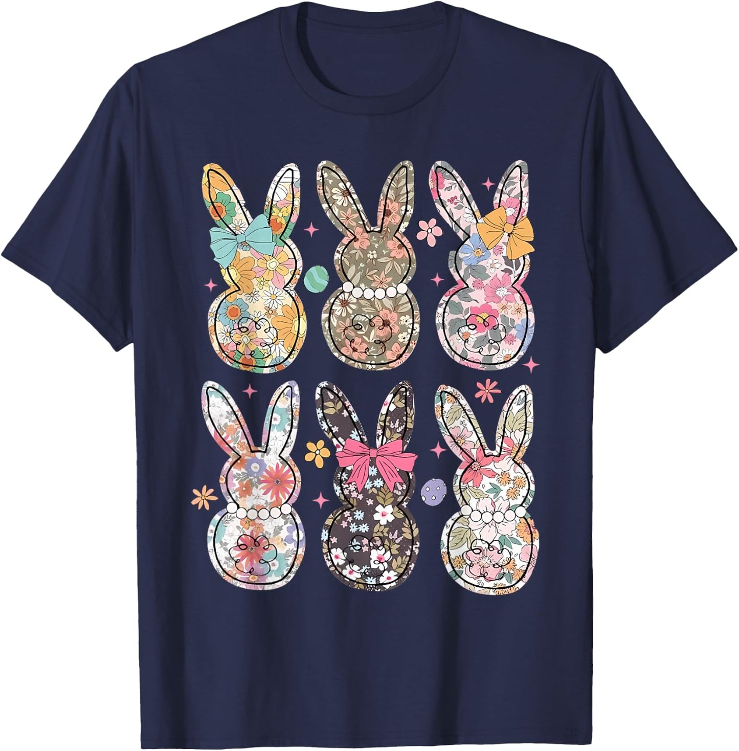 Easter Chinoiserie Floral Bunny With Cute Bow Coquette T-Shirt - T-Shirt | Navy