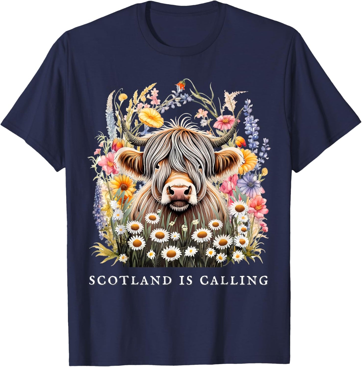 Scotland Is Calling Highland Cow flowers Scottish Vacation T-Shirt - T-Shirt | Navy