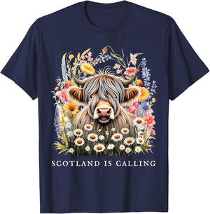 Scotland Is Calling Highland Cow flowers Scottish Vacation T-Shirt - T-Shirt | Navy