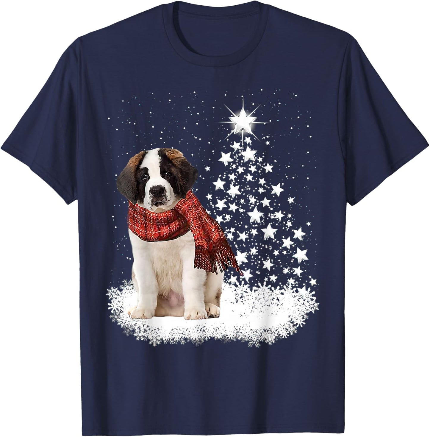 Saint Bernard On Snow Christmas Tree Lighting Scarf Xmas T-Shirt - T-Shirt | Navy