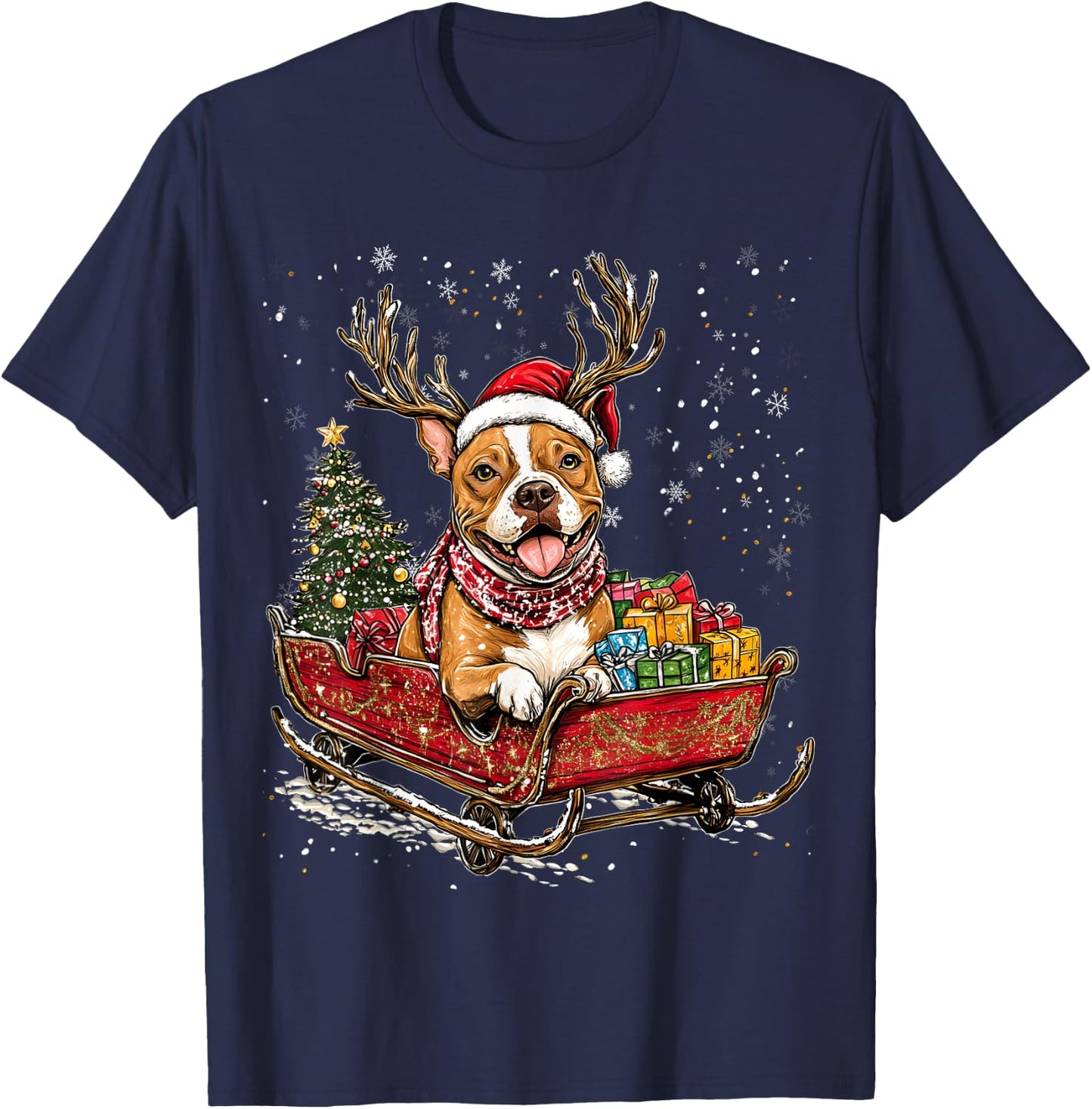 Santa Pitbull reindeer Light Christmas T-Shirt - T-Shirt | Navy