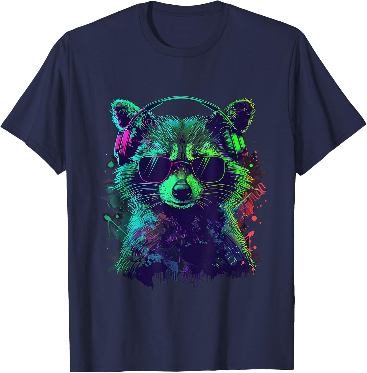 green racoon DJ With Headphones And Sunglasses raccoons T-Shirt - T-Shirt | Navy