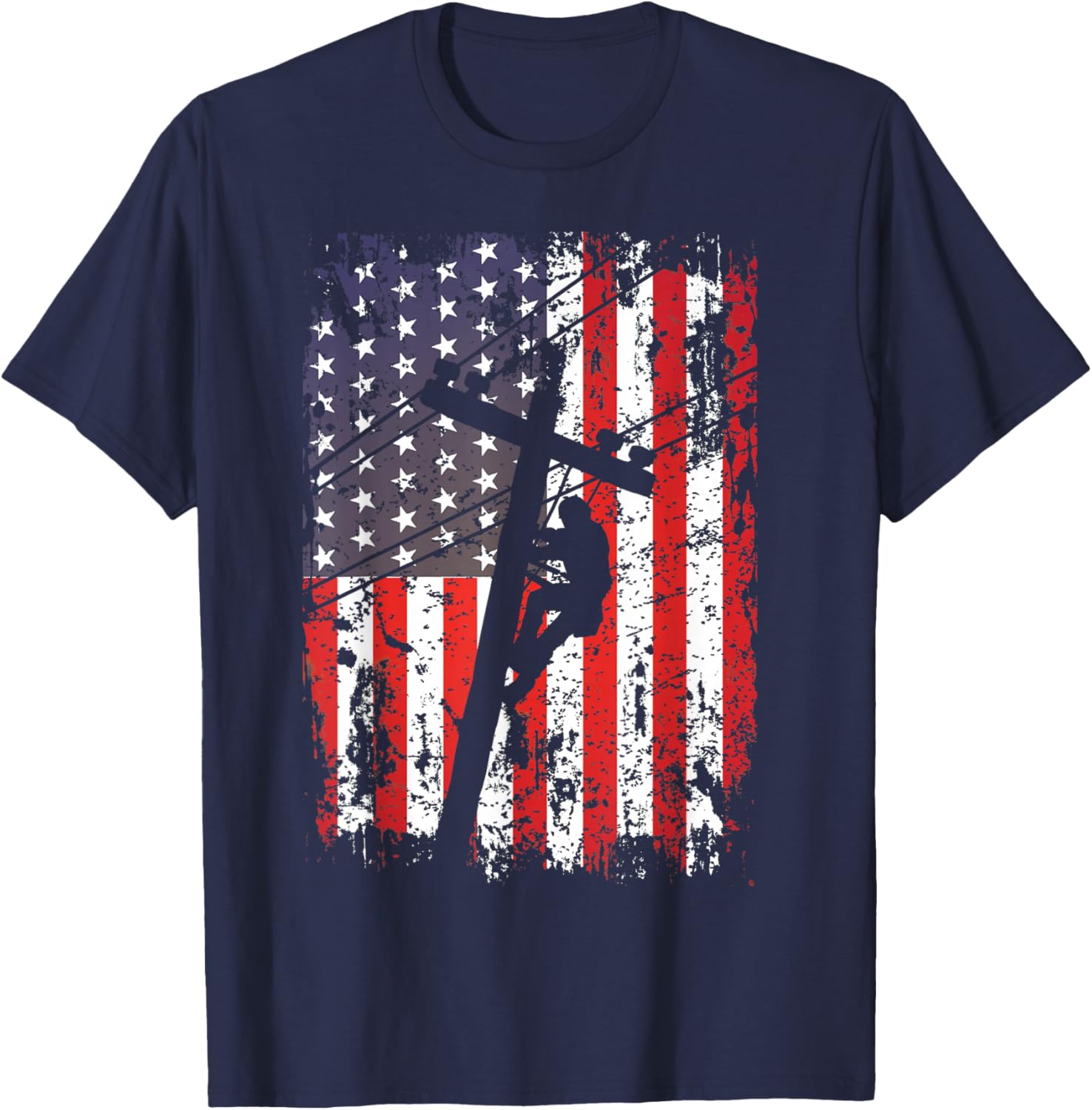 Lineman American Flag USA Patriotic Lineman Gift Lineman T-Shirt - T-Shirt | Navy