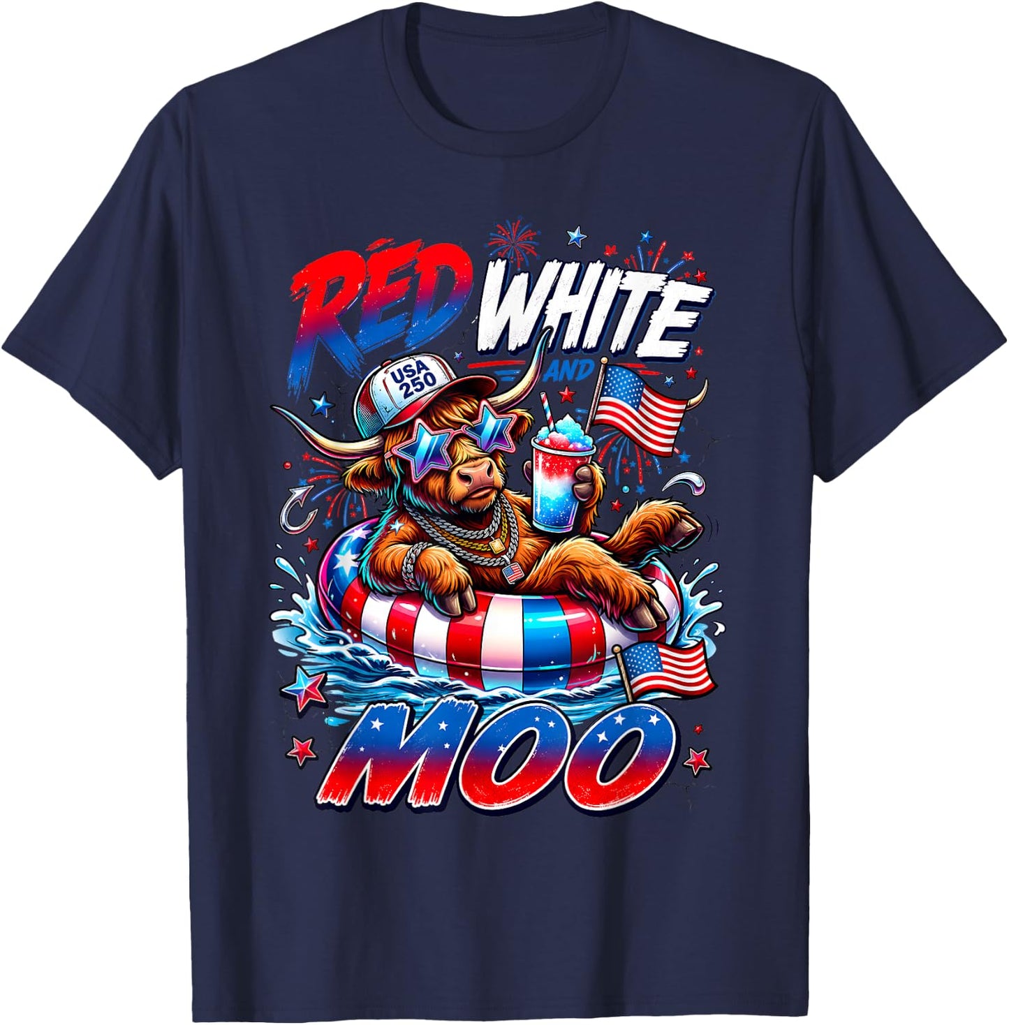 Red White and Moo Highland Cow 4th July 250 Years Patriotic T-Shirt - T-Shirt | Navy