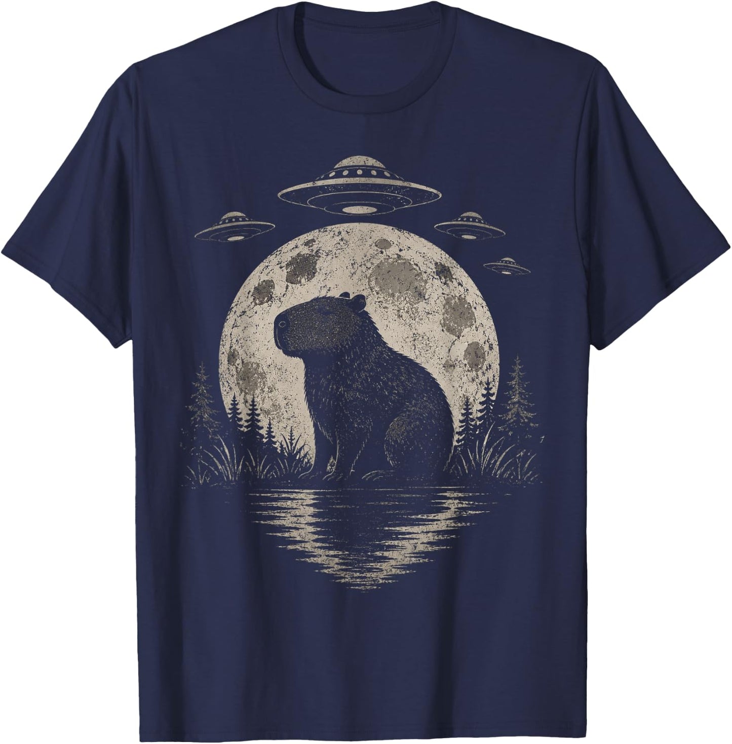 Funny Capybara Moon Alien UFO Evidence Photo Vintage T-Shirt - T-Shirt | Navy
