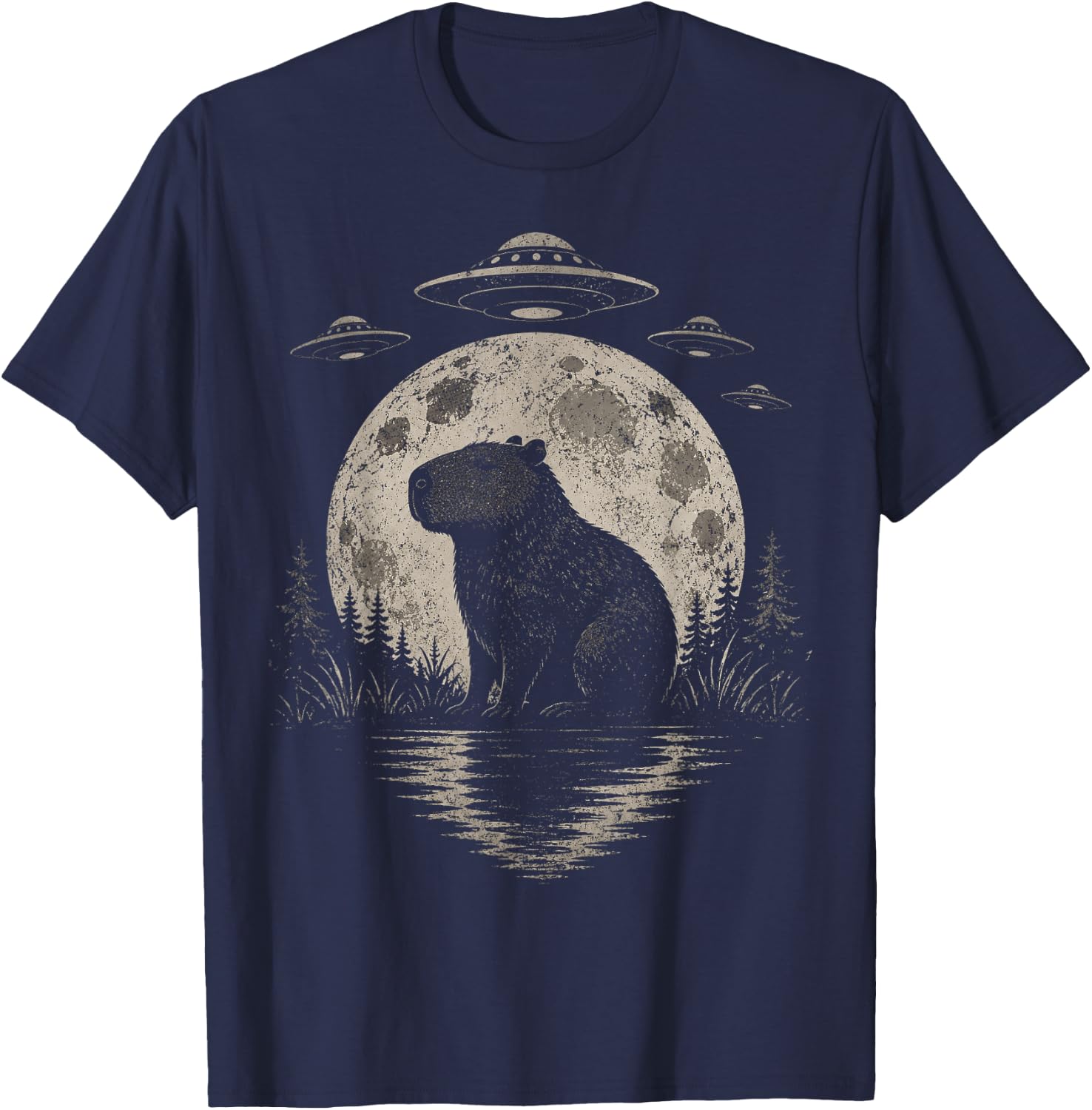 Funny Capybara Moon Alien UFO Evidence Photo Vintage T-Shirt - T-Shirt | Navy