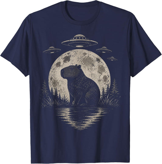 Funny Capybara Moon Alien UFO Evidence Photo Vintage T-Shirt - T-Shirt | Navy