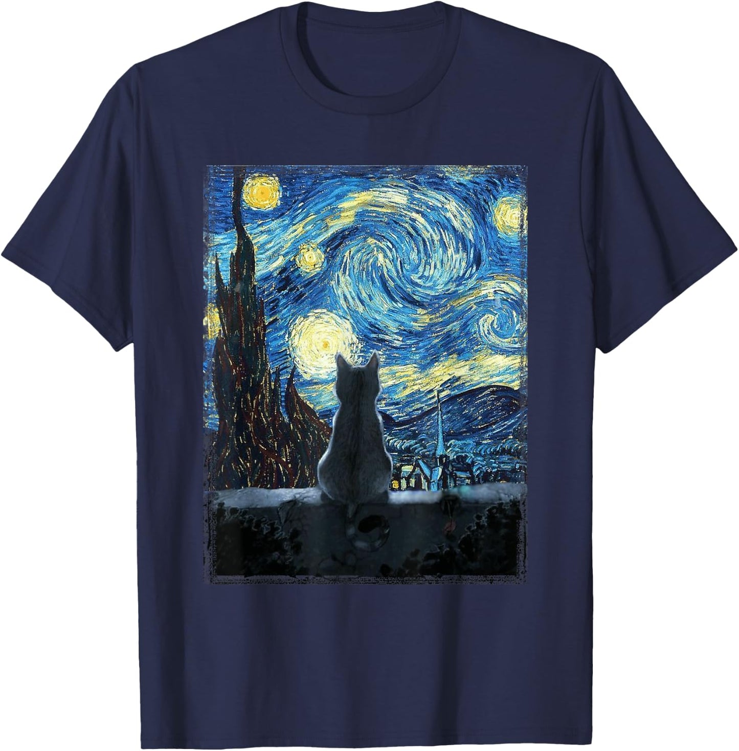 Starry Night Cat, Van Gogh Cat, Starry Night Cat Funny , black T-Shirt - T-Shirt | Navy