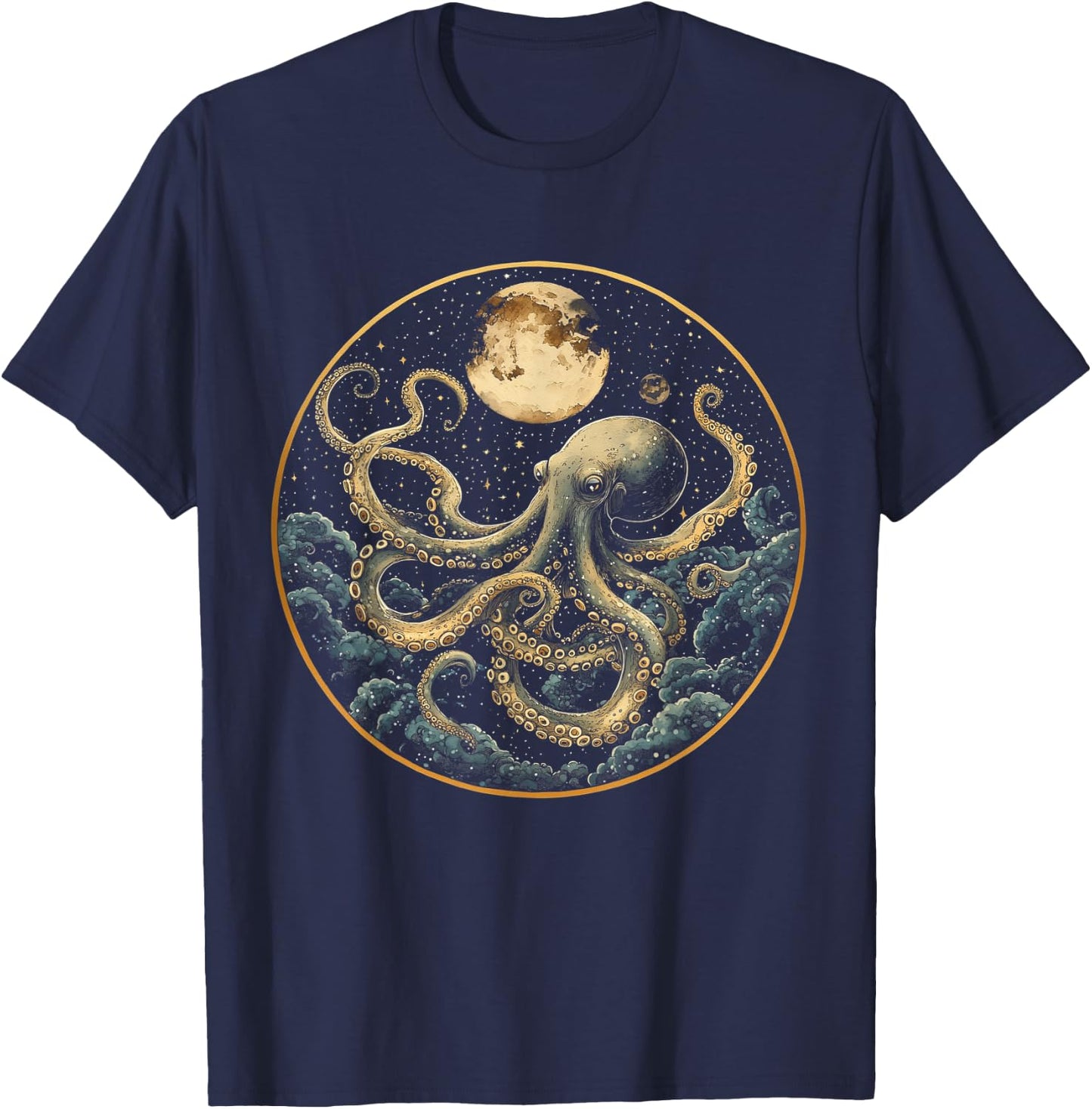 Octopus Celestial Moon Dark Academia Moody Maximalist Ocean T-Shirt - T-Shirt | Navy